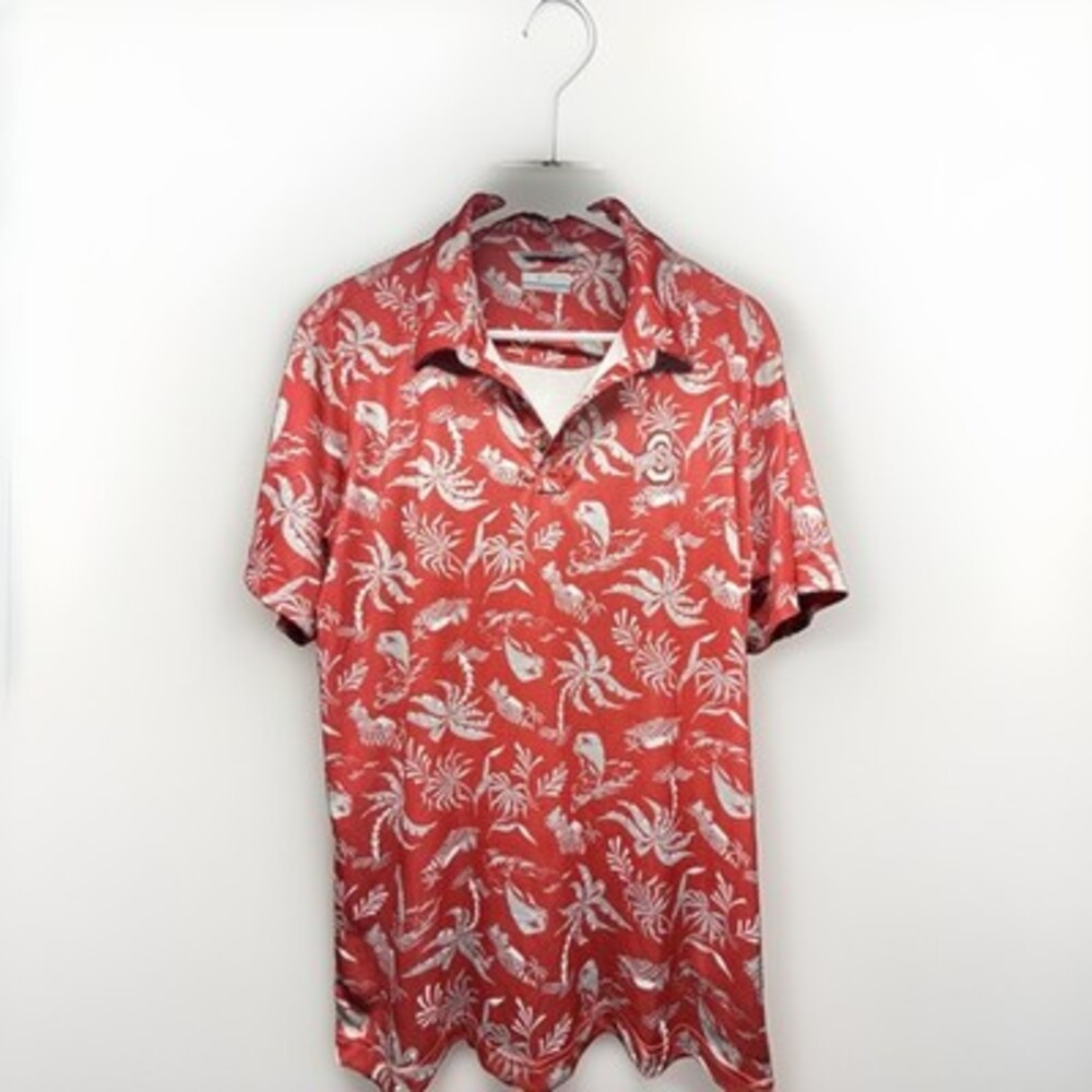 Ohio State Buckeyes Columbia PFG Polo Shirt Medium Red Palm Tree Omni-Shade